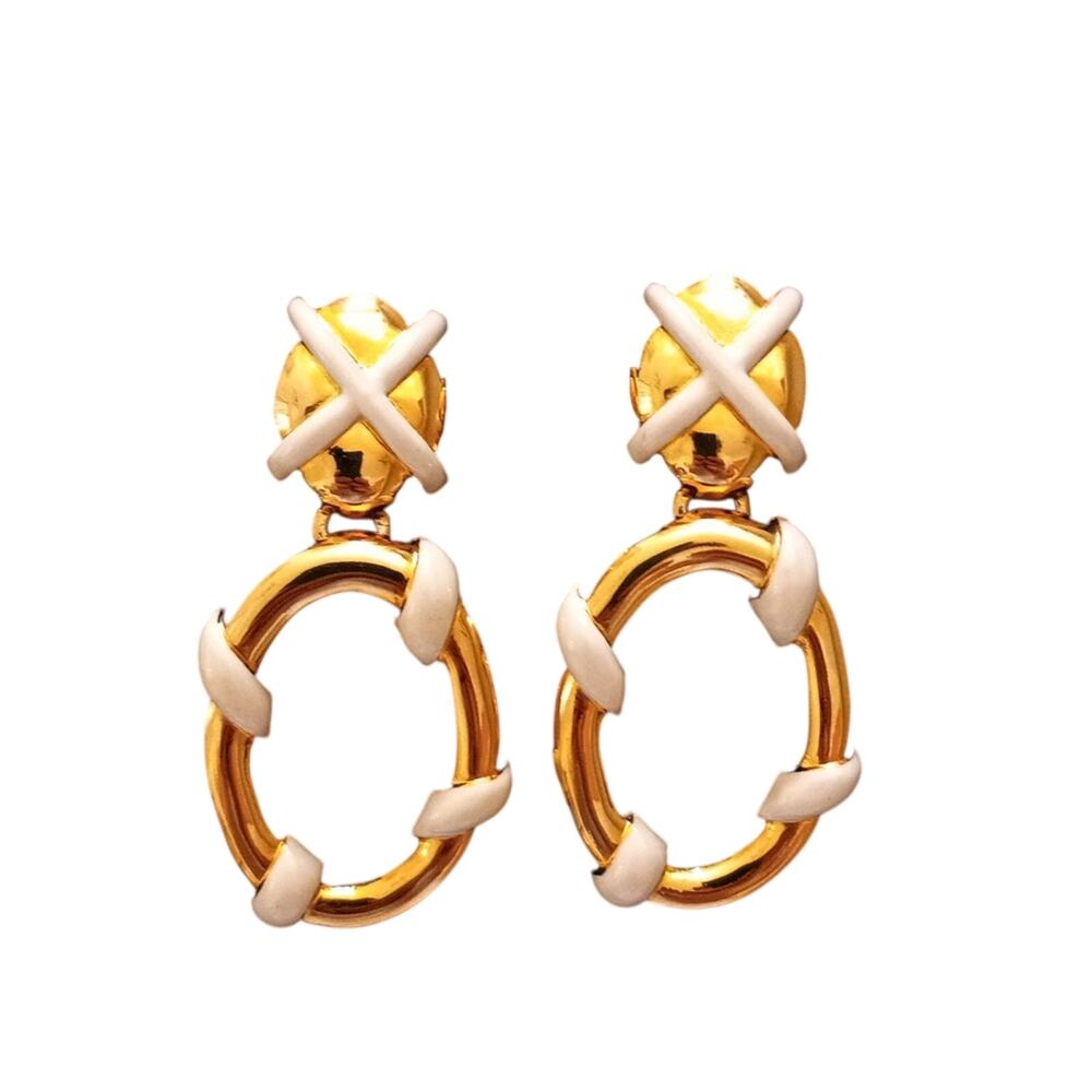 ST JOHN Vintage Gold-Tone and Cream Enamel Earrings